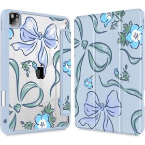 Mektron Case for iPad Pro 11 inch (4th, 3rd, 2nd & 1st Gen) 2022 2021 2020 2018, Buit in Pencil Holder with Shockproof Cover Clear Shell + Trifold Stand + Auto Wake/Sleep, Bows C355