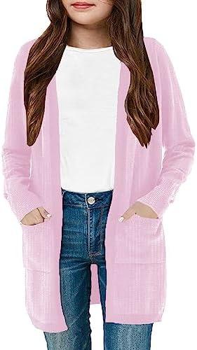 Girls Cardigan with Pockets Open Front Striped Color Block Knitted Soft Sweater Coat