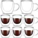 Didaey 8 Pack 8 oz Glass Coffee Mugs Clear Insulated Glass Espresso Coffee Cups with Handle Cafe Mugs Set Borosilicate Glassware Cups for Tea Latte Hot Iced Beverages