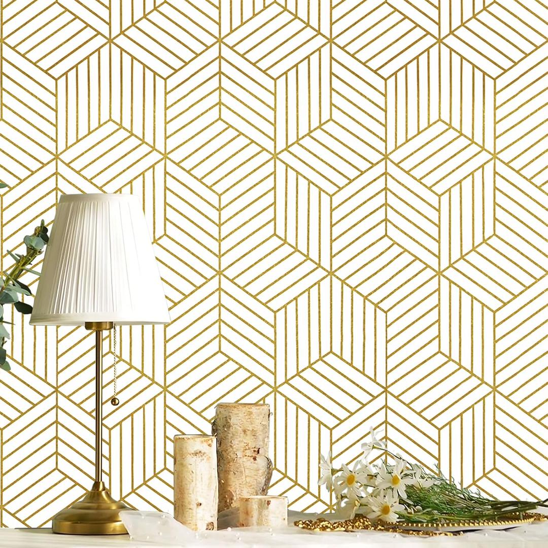 CiCiwind Geometric Hexagon Wallpaper Peel and Stick Wallpaper Removable Self Adhesive Wall Paper White and Gold Striped Contact Paper for Cabinets Shelf Wall Decor 15.7"x197"