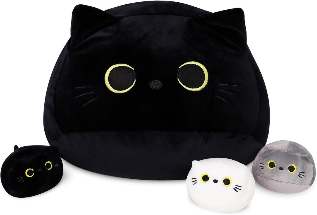 WeBingo Black Cat Plush Toy 4-Piece Set, 16'' Giant Cat Stuffed Animal Plushies Pillow with 3 Babies for Girl Boy Kid Adult, Large Big Soft Gift for Birthday Christmas Valentine's Day Home Decor