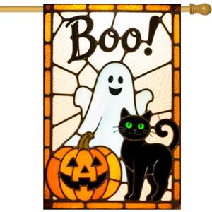BlissYard Spring Summer House Flag 28 x 40 Inch Double Sided Garden Flag Ghost Cat and Pumpkin Boo for Halloween Yard Banner Porch Outdoor Decor Holiday House Flag