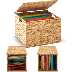 Large Decorative File Box Water Hyacinth Letter/Legal Size File Organizer with Lid Collapsible Hand Woven Filing Cabinet for Office/Home Decor(Light Color, 16.54'' X 14.57'' X 11.4'')