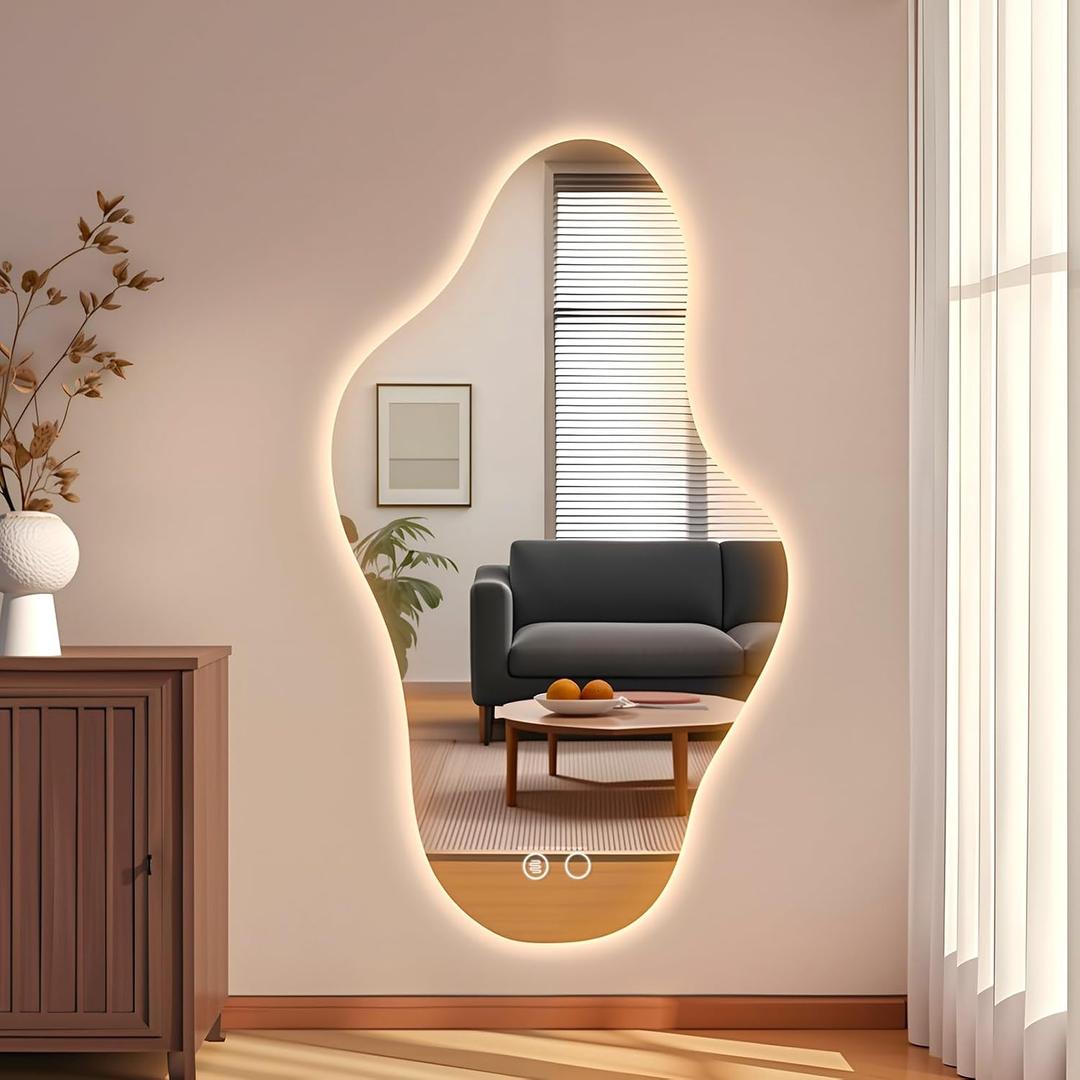 35.8 Modern Irregular LED Bathroom Mirror with Lights, Asymmetrical Frameless Smart Lighted Wall Mirror for Living Room Entryway, Large Decorative Makeup Vanity Mirror with Touch Switch