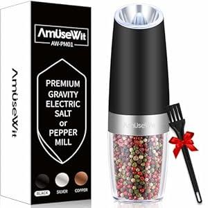 AmuseWit Electric Gravity Pepper Mill or Salt Grinder Mill [White Light] - Battery Operated Automatic Pepper Grinder with Light, Adjustable Coarseness, One Handed Operation, Cleaning Brush, Black