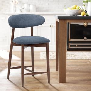 COLAMY Wood Bar Stools, Counter Height Bar Stools, Mid Century Modern Bar Stools with Back, 25 Inch Upholstered Wooden Barstools for Kitchen Island Dining Room Bar, Blue (Set of 1)