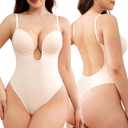 Slimers Plunge Backless Shapewear for Women: Low Back Tummy Control Body Shaper Thong Bodysuit with Underwire Bra (Medium, Beige)