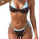 SOLY HUX Women's Polka Dots Bikini Set String Swimsuit Colorblock Dual Straps Halter Tie Side 2 Piece Bathing Suit Blue and Brown Polka Dots Small