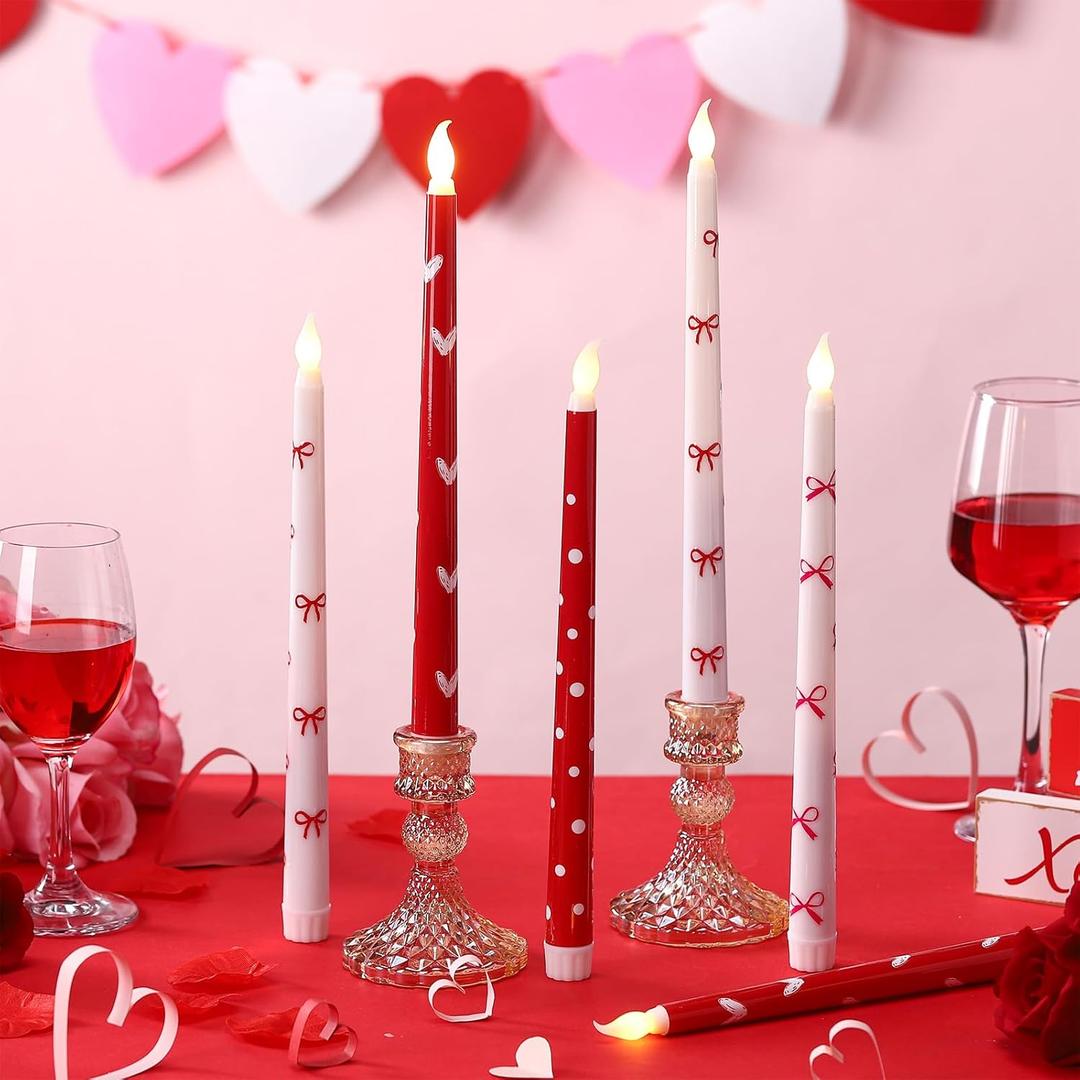 Glooglitter 6 Pcs Valentine's Day Flameless Taper Candles with Hearts Bows Dots, 9.6 Inch Battery Operated LED Candles Unique Valentines Day Gifts for Galentines Proposals Anniversaries Romantic Night