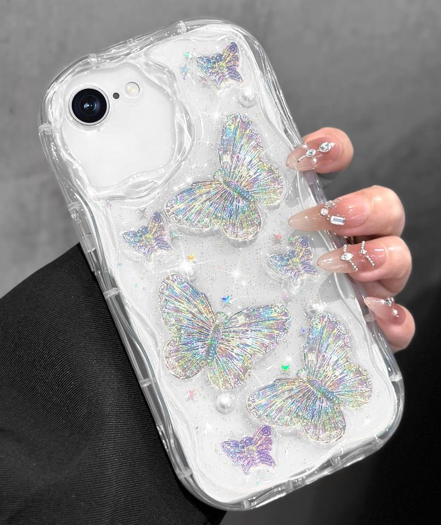 Toycamp for iPhone SE Case - for iPhone 8/7 Case Cute Women Girly Girls Glitter Phone Cover Kawaii Sparkle Bling Aesthetic Pretty Unique Design Funda for Apple SE 2nd/3rd Generation, Clear Butterfly