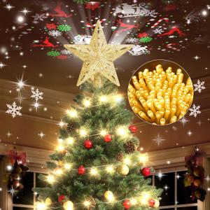 Kesfitt Christmas Tree Topper with 10M Warm Light Cord, Tree Top Star Decoration with 6 Projection Modes, Gold Tree Topper Lighted 3D Glitter Dynamic Projection for Xmas Party Holiday