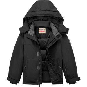 WULFUL Kid's Waterproof Ski Jacket Warm Fleece Hooded Boy's and Girl's Winter Snow Coat Outwear,Windproof RainCoat (6-7 Years, Black)