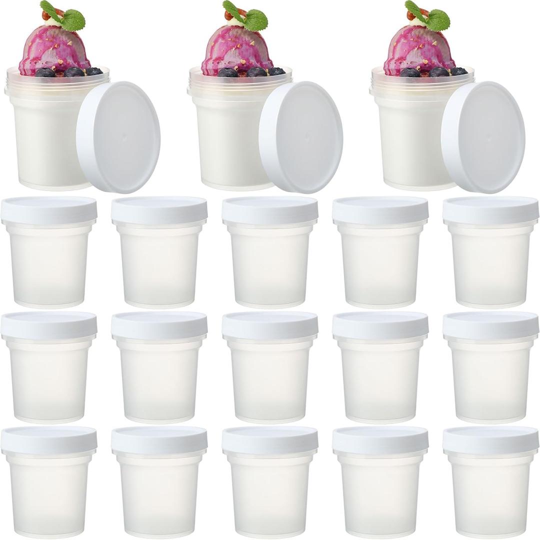 20 Pcs 16 oz Clear Ice Cream Containers with Lids for Homemade Plastic Freezer Food Storage Jars Reusable Freezer Storage Containers Leakproof Pudding Cups for Fruit Dessert Sundaes Soup