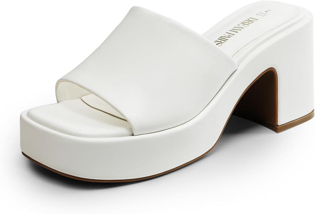 DREAM PAIRS High Chunky Platform Heels for Women Fashion Comfort Slip on Square Open Toe Block Heel Sandals (9, White-pu)