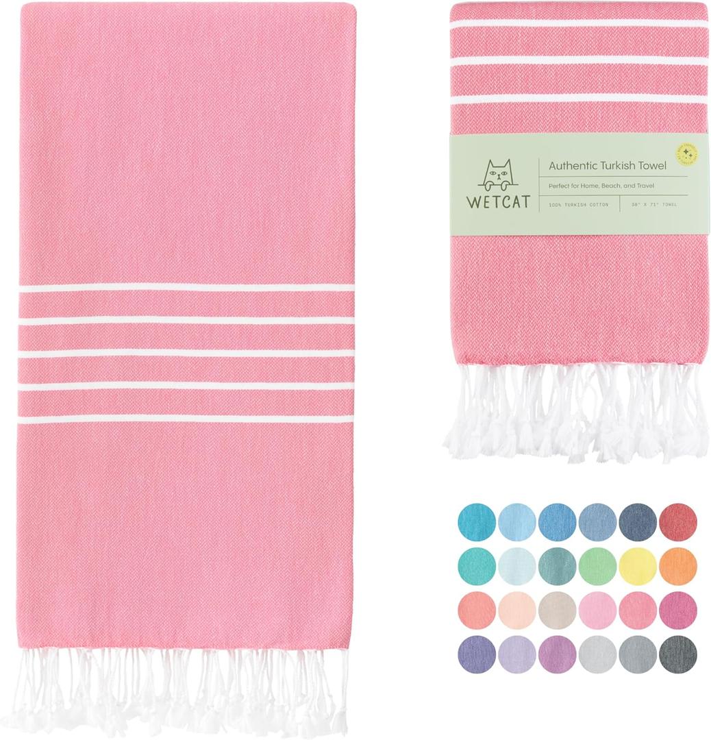 WETCAT Turkish Beach Towel Oversized (38"x71") 100% Turkish Cotton, Made in Turkey - Sand Free, Extra Large, Ultra Soft, Quick Drying, Compact & Lightweight for Travel - Hot Pink