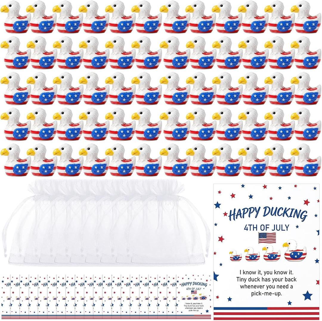 60 Set Patriotic Eagle Duck Figurine Mini Resin 4th of July Party Favors Gifts Red White Blue Tiny Patriotic Animal Ornament with Card Organza Bag for Memorial Day 250th Anniversary Party Decor