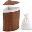 Corner Wicker Laundry Hamper with Lid and Removable Liner Corner Wicker Laundry Basket Washing Clothes Basket Storage Bin for Bedroom Bathroom, 14 x 14 x 24.5 inches