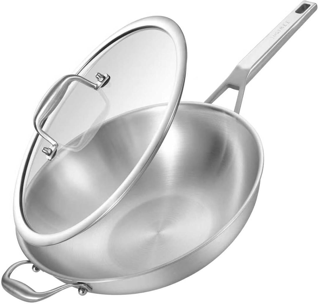 Inqibee 13 Inch Stainless Steel Wok with Lid, Induction Compatible Stir Fry Wok Pan, Long Handle & Helper Handle, Tri-Ply Construction, Works on All Stovetops, Oven & Dishwasher Safe