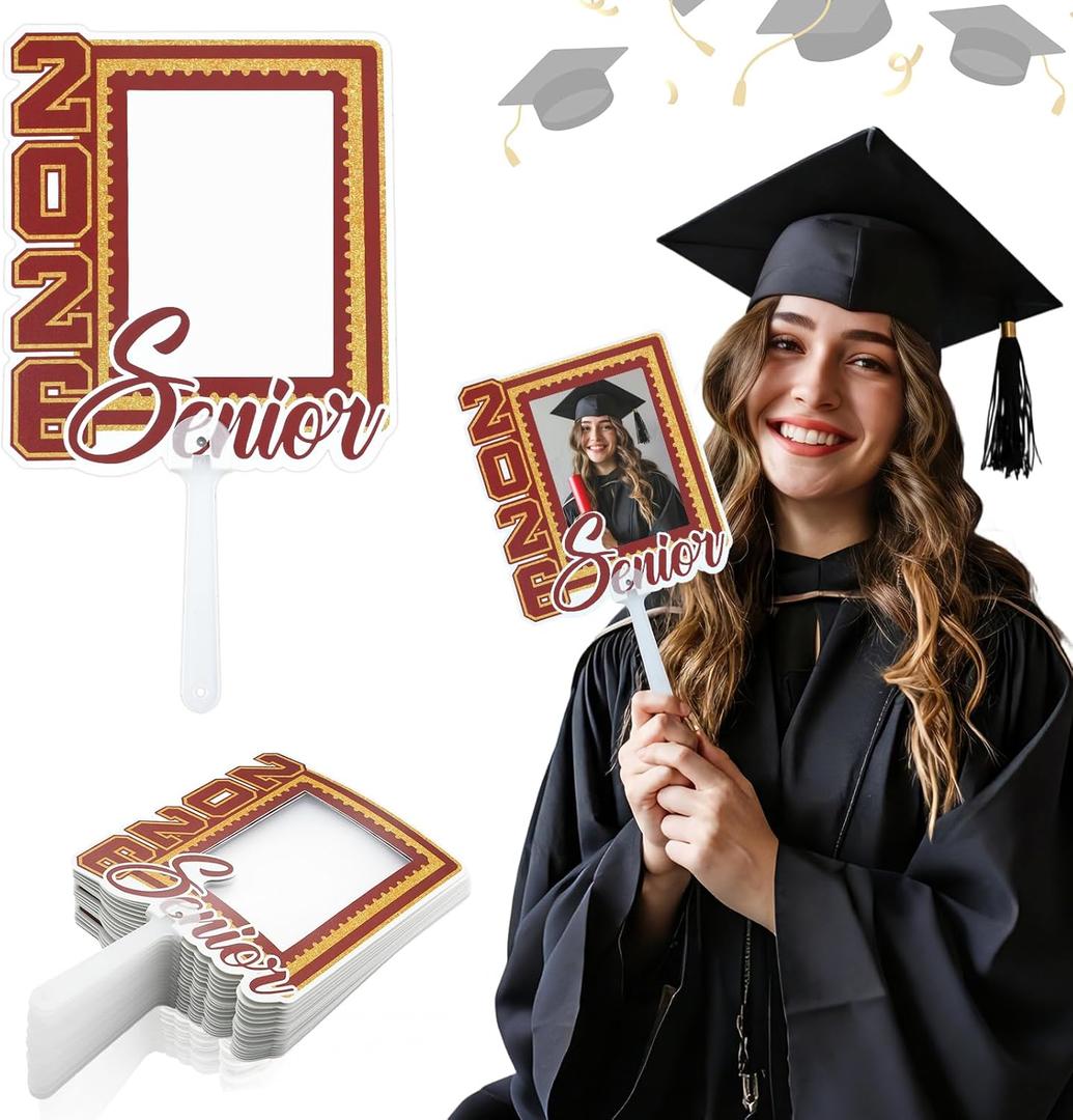 Junkin 24pcs Graduation Fans Custom Face Fans with Handle Double Sided Personalized Big Head Cutout on a Stick Class of 2026 Grad Photo Props Blank DIY Frame for Graduate Party Souvenirs(Maroon Red)