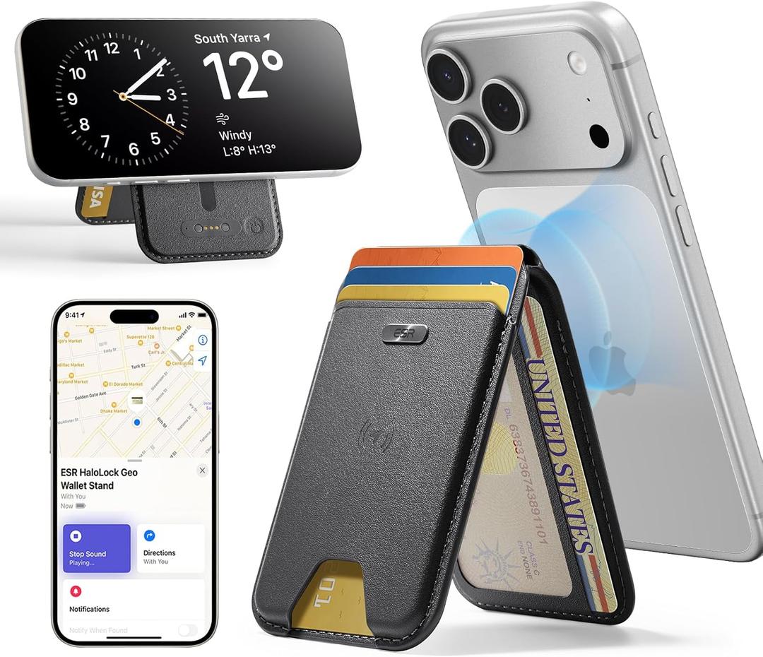 ESR Geo for MagSafe Wallet with Full Find My Functionality, 5 Card Holder, RFID Blocking, Adjustable Stand, Magnetic Wallet for iPhone 17e/17/16/15/14/13/12 Series, Not for 13/12 mini, Black