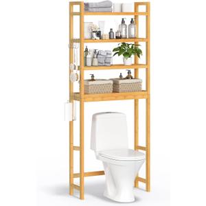 SONGMICS Over The Toilet Storage, 4-Tier Over Toilet Bathroom Organizer with Adjustable Shelves, 10.2 x 24.8 x 72.8 Inches, Space-Saving, Natural Beige UBTS041N01
