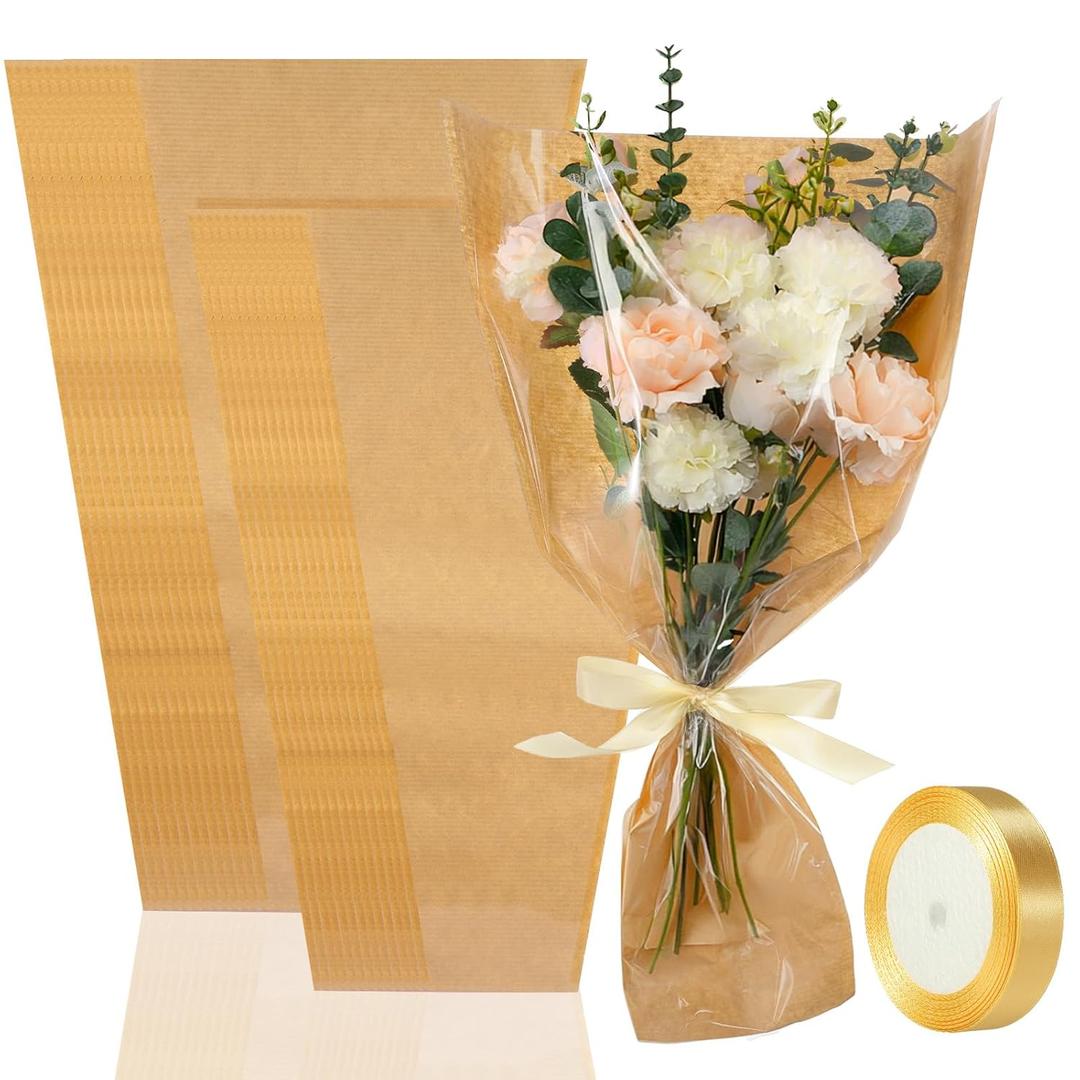 Fullhawl 50 Pcs Flower Bouquet Wrapping Bags 9.8 x 17.9 Inch and 14.2 x 22 Inch Valentine's Kraft Paper Flower Sleeves Floral Bags with Ribbons for Mother's Day Bouquet Wedding Birthday (Kraft)