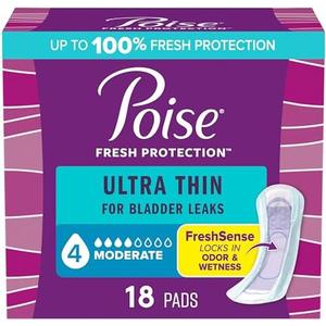 Poise Ultra Thin Incontinence Pads & Postpartum Pads for Bladder Leaks, 4 Drop Moderate Absorbency, Regular Length, 18 Count, Packaging May Vary, 4 Pack