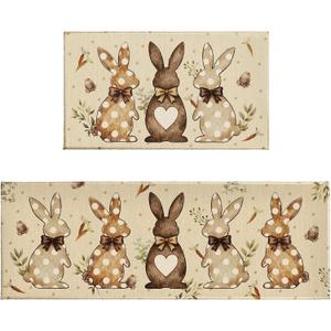Brown Easter Kitchen Mats for Floor Set of 2 Spring Cute Bunny Rabbit Holiday Theme Kitchen Rugs Non Slip Washable Absorbent Kitchen Runner Rugs Decor,17x30 and 17x47 Inch