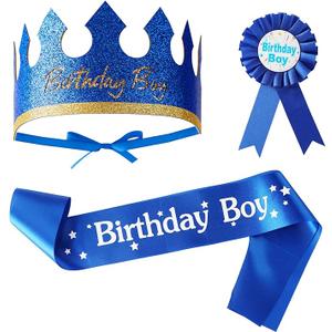 Birthday King Crown Hat Birthday Boy Sash and Button Pin Party Decorations Dress Up Accessories Blue
