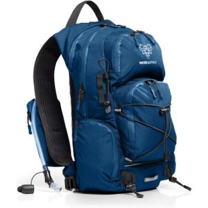 Water Buffalo Hydration Backpack - Sherpa 22L Hiking Backpack with Water Bladder - Water Backpack for Hiking with Waterproof Zippers, Phone & Pole Holders (Medium, Navy Blue)