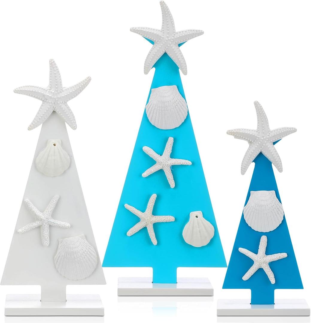3 Pcs Coastal Christmas Tree Decor Wooden Beach Themed Seashell Starfish Shell Small Christmas Tree Decorations for Coastal Ornaments Ocean Theme Holidays for Indoor Home Xmas (Mixed)