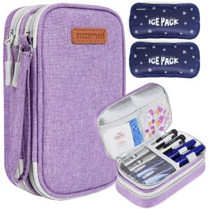 suzamed Insulin Cooler Travel Case, Double Layer Medicine Kit Diabetes Travel Case, Portable Medicine Organizer with 2Pack 150g Ice Pack TSA Approved for Insulin Pens Diabetic Supplies (Purple)