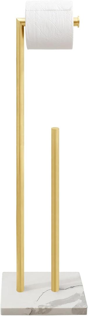 Brushed Gold Toilet Paper Stand Holder with Shelf, Marble Design Base Free Standing Toilet Paper Roll Holder with 2 Dispenser SUS 304 Stainless Steel Reserve, Storage 5 Rolls