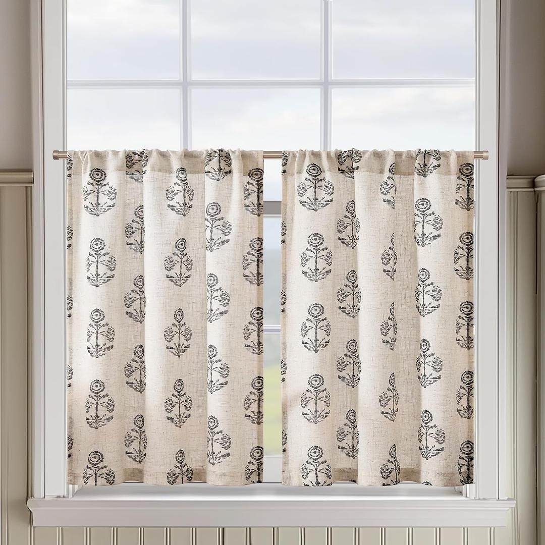 jinchan Linen Kitchen Curtains 36 Inch Floral Tier Curtains Farmhouse Cottage Core Flax Cafe Rod Pocket Country Small Window Drapes for Laundry Room Bathroom RV 2 Panels Black on Beige