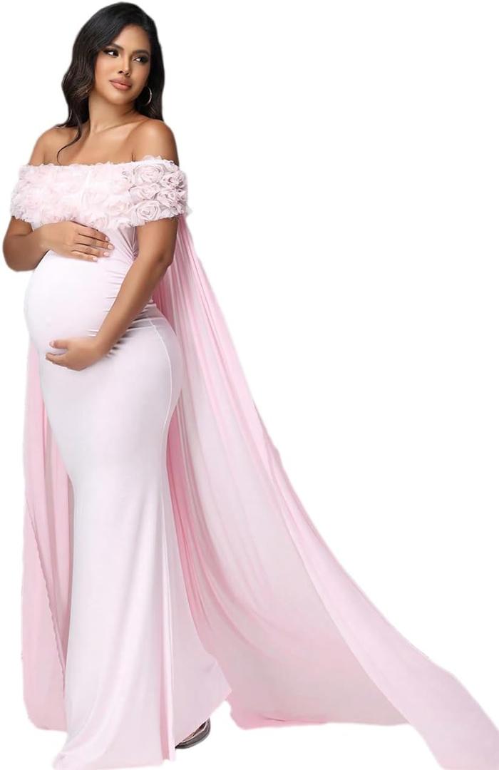 JustVH Women's Maternity Mesh Off Shoulder Chiffon Maxi Photoshoot Dress for Baby Shower Cloak Outfit Maxi Photography Gown (Pink, M)