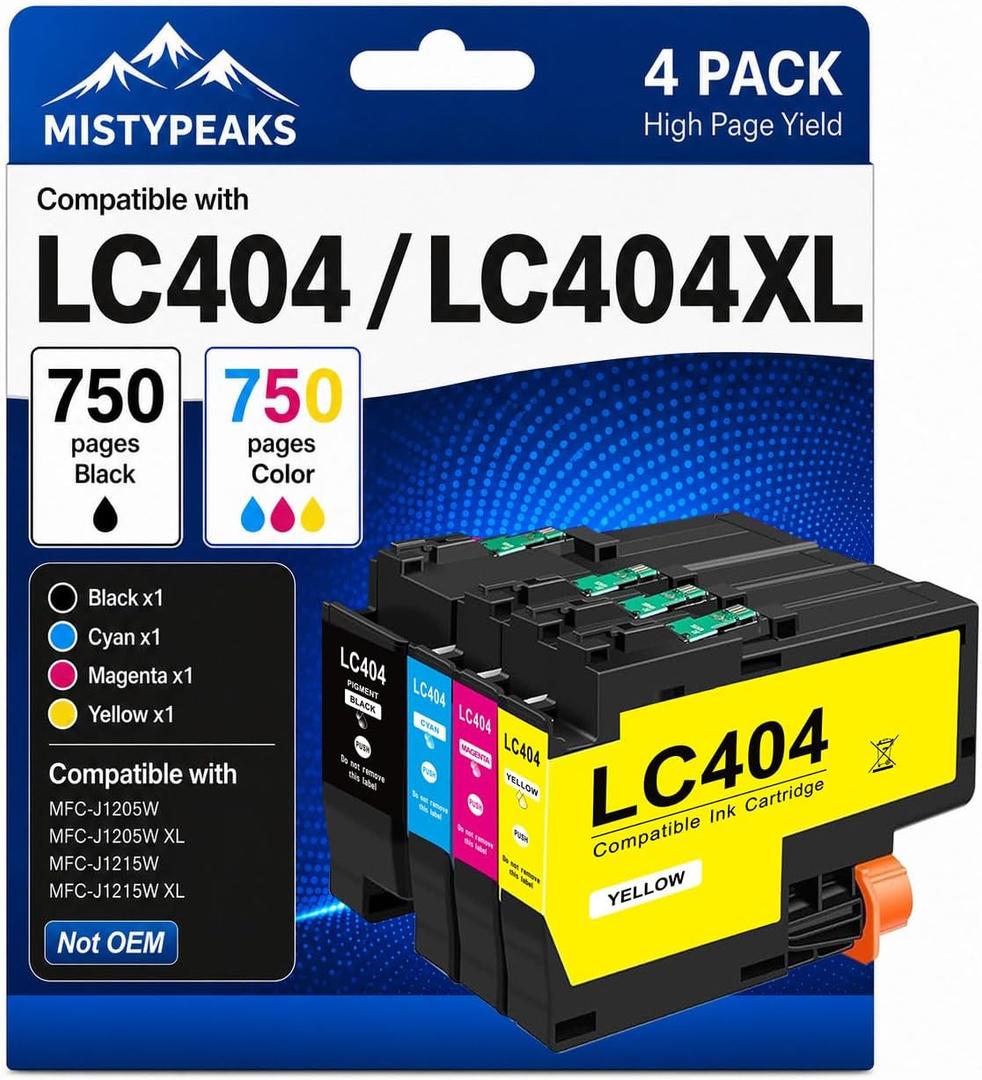 LC404 Ink Cartridges for Brother Printer Compatible Replacement for Brother MFC-J1205W Ink Cartridges MFC-J1215W MFC-J1205W XL Printer, Black Cyan Magenta Yellow, 4Pack with Smart Chip