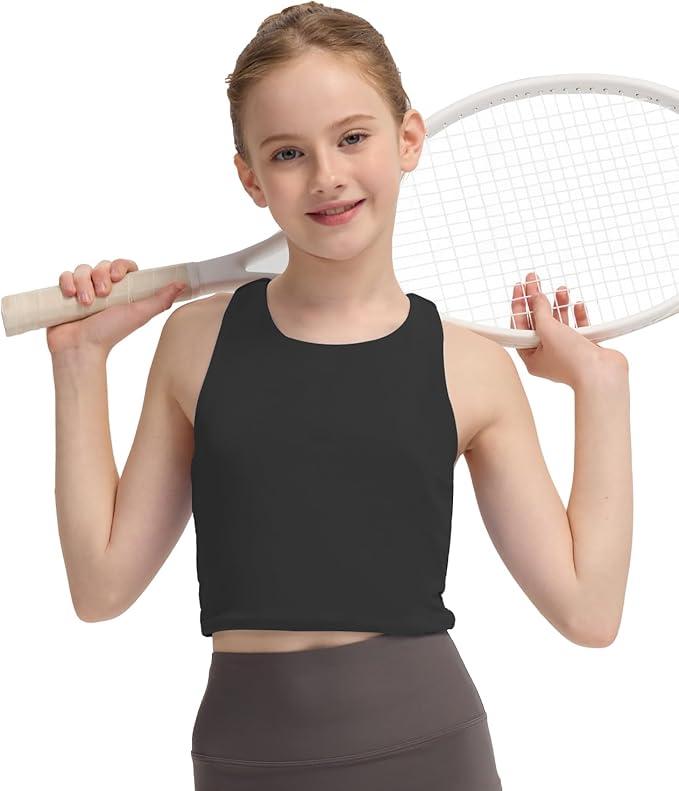 BAMBOO COOL Girls Tank Tops Crop Top Double Lined High Crew Neck Racerback Cropped Undershirts Dance Yoga Gymnastics Size M