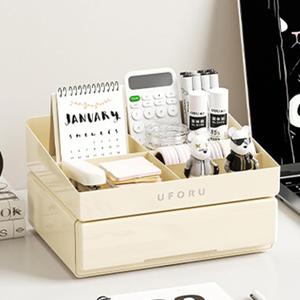 Desk Organizer with 6 Compartments, 2 Tier Stackable Storage Drawers Plastic Makeup Storage, Office Desk Storage Box, Stationary Sorting Helper (Regular, Cream White)