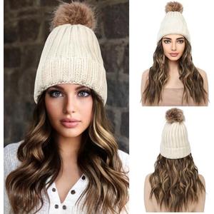 REECHO Warm Knitted Beanie Hat with 12" Beach Wavy Hair Extension - Beige, Medium Brown with Highlights