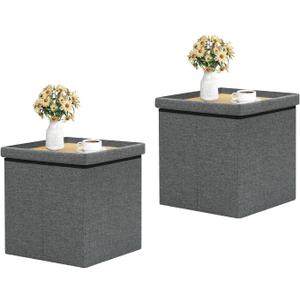 B FSOBEIIALEO Storage Ottoman with Tray, Linen Small Coffee Table Folding Foot Rest Seat Cube, Dark Grey 16"X15.7"x15" Double (2 Pack)