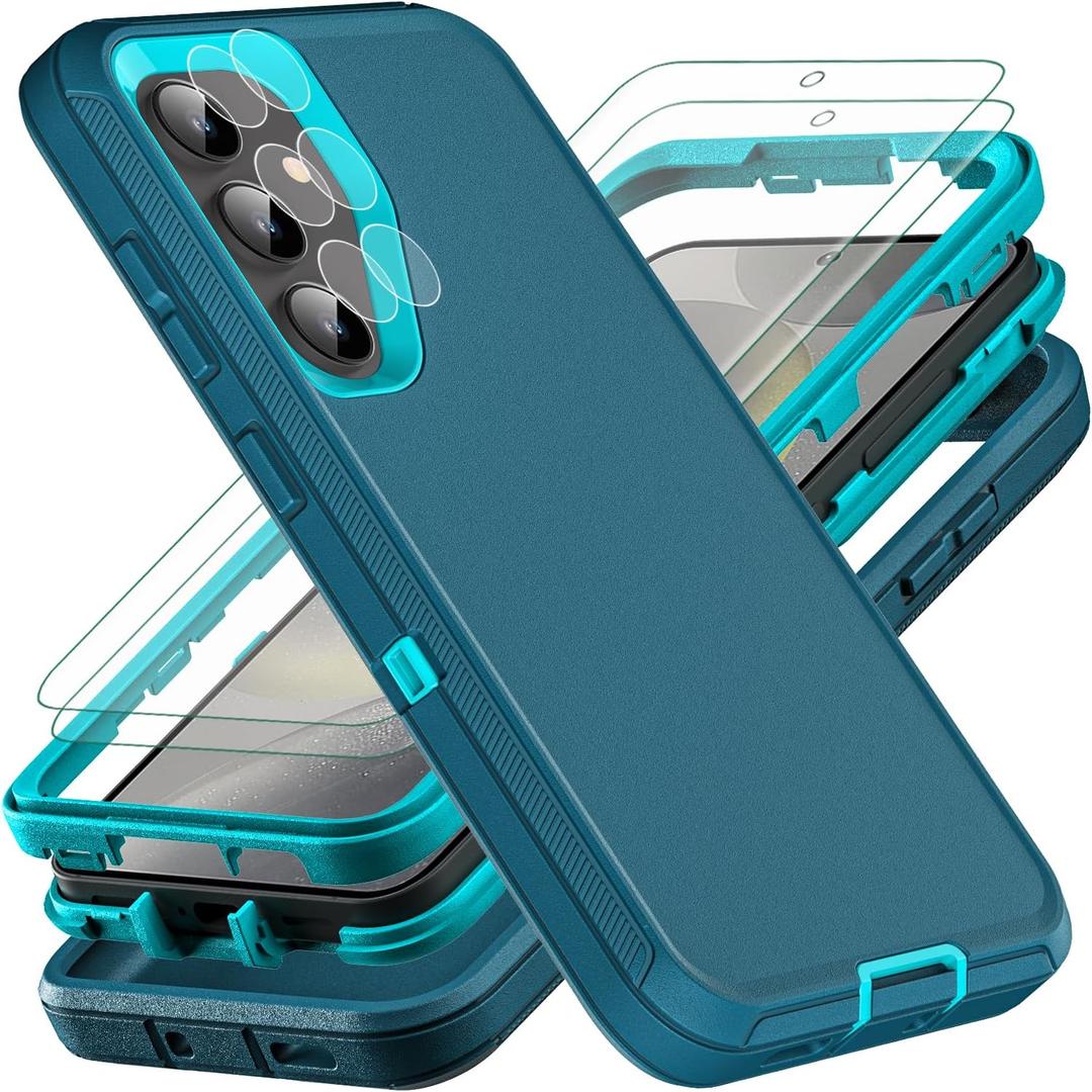 YKHJKLEC for Samsung Galaxy S24 Case, with 2Pcs [Self Healing Flexible TPU Screen Protector & Camera Lens Protector] Military Grade 3 in 1 Heavy Duty Case for S24 (Blue/Turquoise)