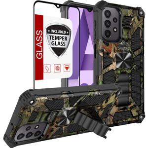 For Galaxy A23 5G/4G Case,Samsung A23 Case w/Tempered Glass Screen Protector(Full Coverage) [Full-Body][15FT Mil-Grade][Built-in Kickstand]Car Magnetic Protective Cover for Women Man Tree Camo Hunting