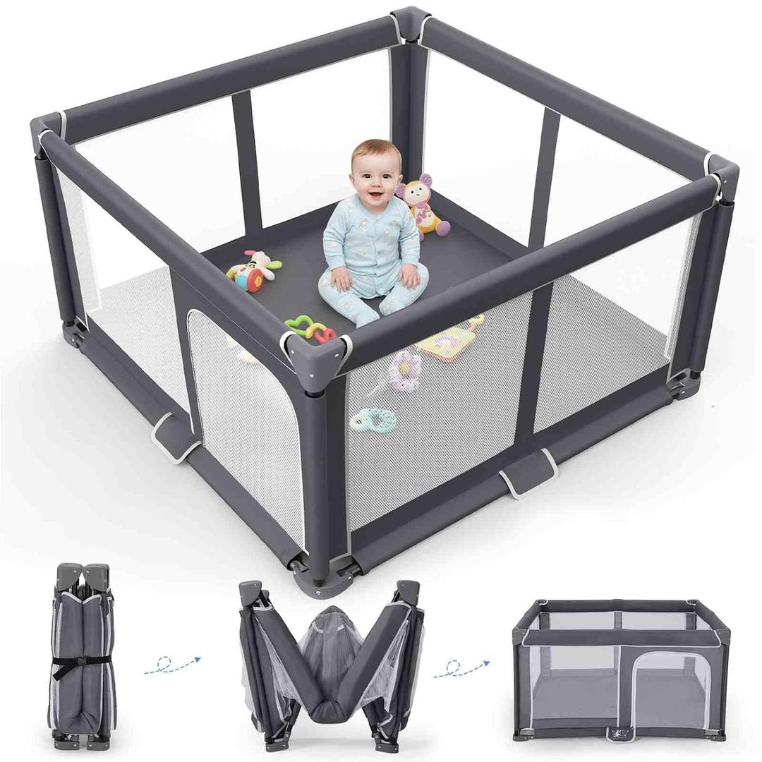 Foldable Baby Playpen Portable Travel Play Yard, Dark Gray | Safety Play Yard for Babies & Toddlers, Indoor & Outdoor Use, Carry Bag Included, Collapsible, Portable，Sturdy & Secure