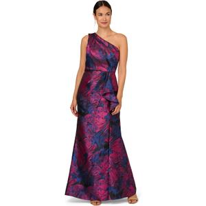 Adrianna Papell One Shoulder Jacquard Gown, Navy/Rosegold (12)