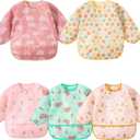 Long Sleeved Bibs,5 PCS Waterproof Wearable Bibs with Sleeves,Baby Feeding Smock 6-30 Months