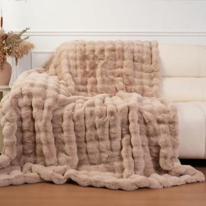 Super Comfort Oversized Warm Thick Bubble Luxury Plush Rabbit Faux Fur Throw Blanket, Fluffy Blanket, Soft Cozy Blanket for Couch Chair Bed Sofa Living Room (Wheat, 60inX80in)
