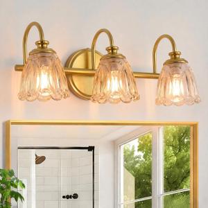 Bathroom Light Fixtures (3-Light), Vintage Brushed Gold Vanity Lights for Bathroom with Amber Tulip Crystal Glass Shade, Vanity Wall Light Over Mirror for Bedroom Living Room Hallway