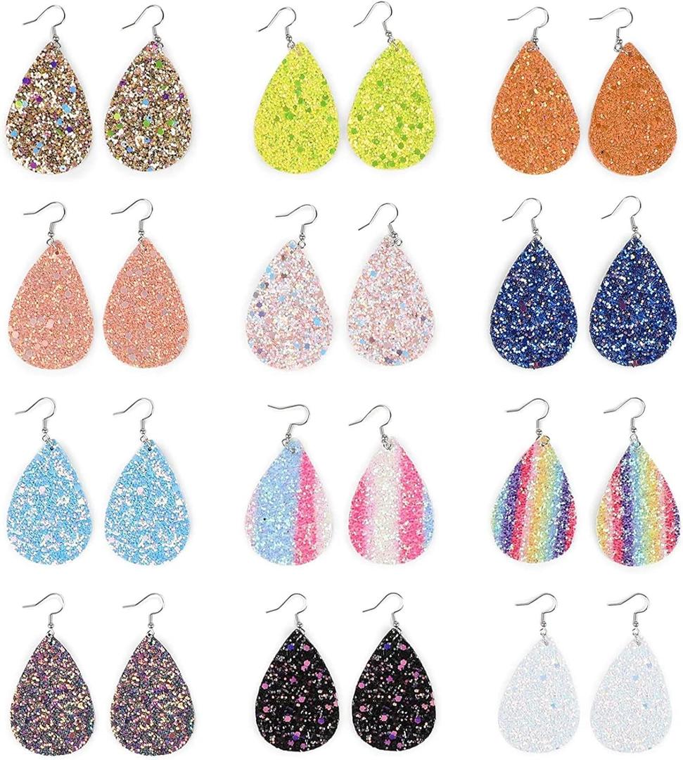 Glitter Teardrop Earrings, 12 Assorted Designs (1.5 x 2.2 In, 12 Pairs)