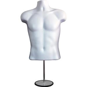 DisplayTown Male Mannequin Torso with Metal Stand Hollow Back Body Stackable Dress Form for Tshirt Display, Countertop, Craft Shows, Photos and Design, S-M Clothing Size (White, Set of 1)