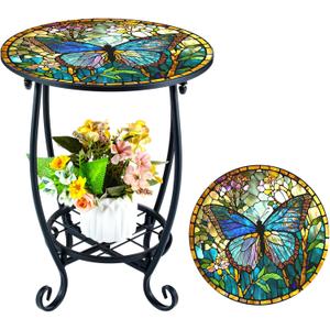 Outdoor Side Table Round Small Mosaic Patio Accent Indoor End Plant Metal Coffee Tea Table for Yard Porch Garden Patio Living Room, Bedroom(Butterfly Style,12 Inch)